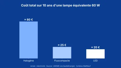 Histogramme bleu : halogène environ 80 euros, fluocompacte 25, LED 20 sur dix ans