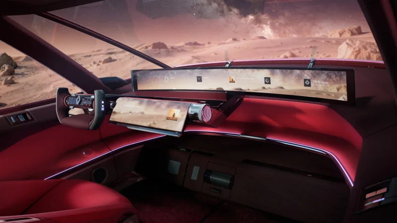 Poste de conduite du Renault E-Space Concept avec écran panoramique incurvé et volant by-wire