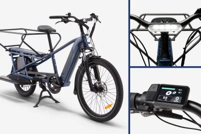 Vélo cargo longtail électrique Btwin E-Three 500 de Decathlon