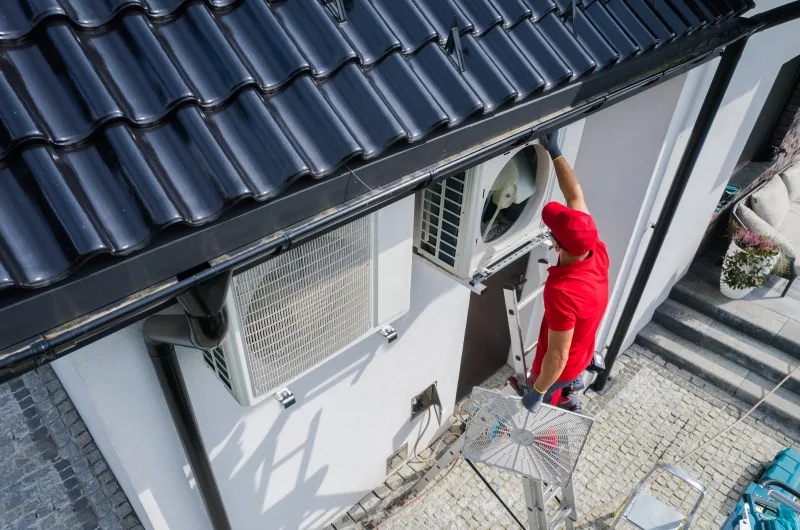 Installateur en polo rouge sur une échelle fixant une unité extérieure de pompe à chaleur sur la façade d'une maison