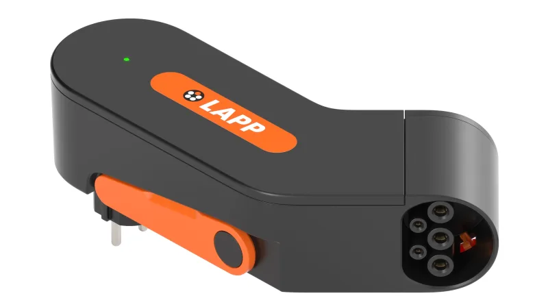 Chargeur portable Lapp Mobility Dock, boîtier noir et orange avec fiche de prise