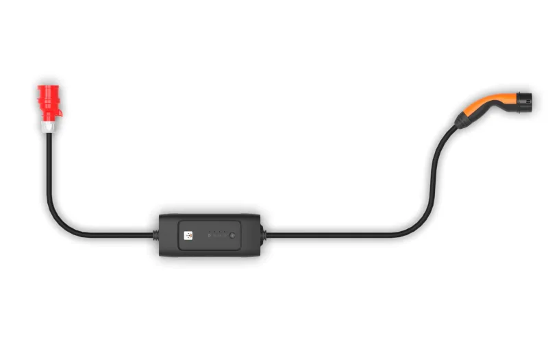 Schéma d'un câble de recharge mode 2 avec boîtier de contrôle entre la prise et le connecteur voiture