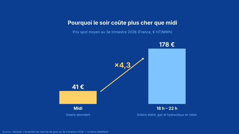 Schéma comparant le prix moyen à midi (41 €/MWh) et entre 18 h et 22 h (178 €/MWh) au T3 2026