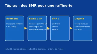 Schéma bleu des étapes de l'étude de Tüpraş sur les petits réacteurs modulaires