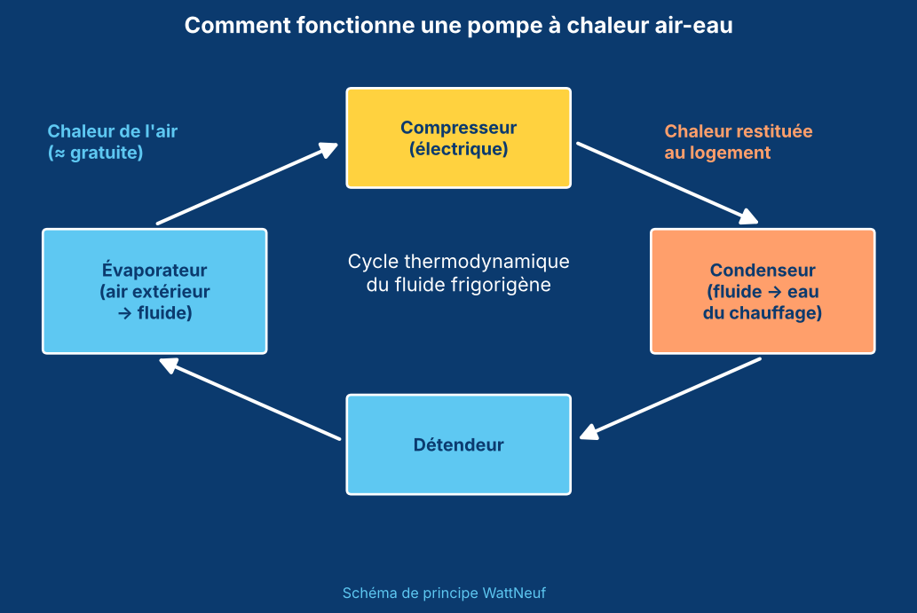 Schéma du cycle : évaporateur, compresseur, condenseur, détendeur