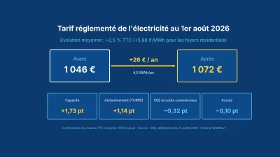 Schéma : facture annuelle moyenne de 1 046 à 1 072 euros TTC, avec les contributions de la capacité, du TURPE, des CEE et de l'accise