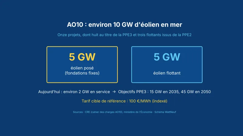 Schéma de l'appel d'offres AO10 : 5 GW d'éolien posé et 5 GW d'éolien flottant