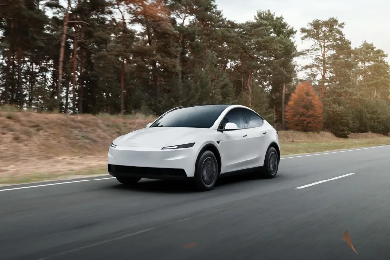 Tesla Model Y blanche roulant sur une route bordée de pins en automne