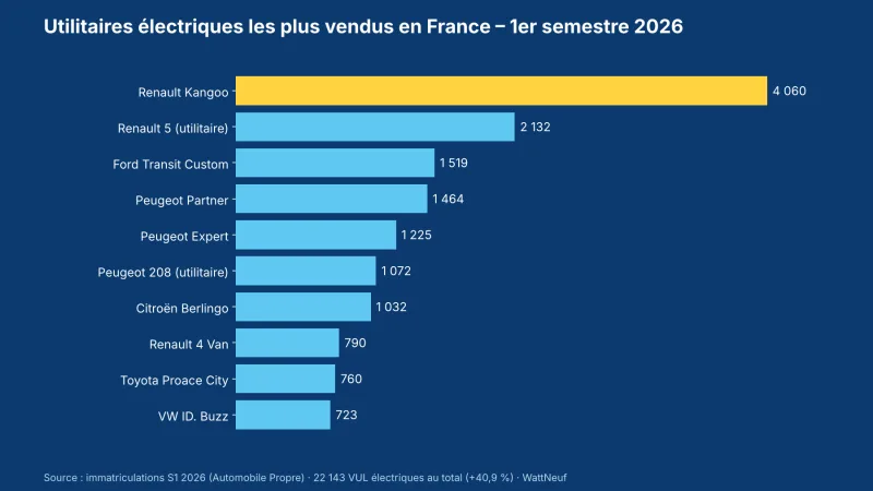 Graphique en barres : Renault Kangoo en tête avec 4 060 immatriculations devant la Renault 5 utilitaire