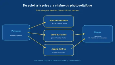 Schéma bleu : panneaux, autoconsommation, vente du surplus, appels d'offres, réseau