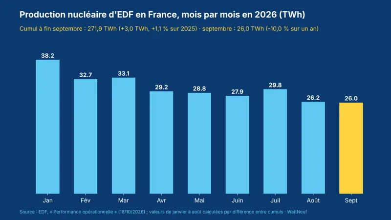 Histogramme de la production nucléaire mensuelle d'EDF en France de janvier à septembre 2026