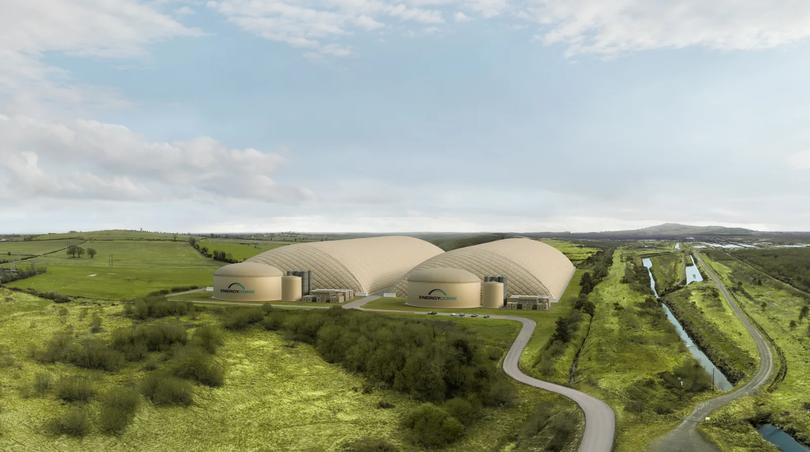 Vue d'artiste du projet de batterie CO2 d'Energy Dome en Irlande : deux dômes beiges dans la campagne d'Offaly